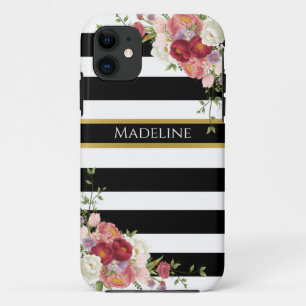 Black White Burgundy Floral Gold   Striped iPhone 11 Case