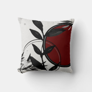 Black White & Burgundy Red Watercolor Leaves Cushion