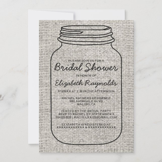 Black White Burlap Mason Jar Bridal Shower Invites (Front)