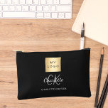 Black white business logo name monogram accessory pouch<br><div class="desc">Black background,  white and grey text. Personalise and add your business logo,  first name,  monogram initials and full name.</div>