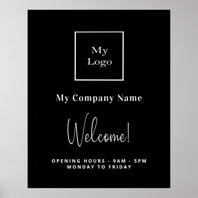 Black white business logo name opening hours poster (Front)