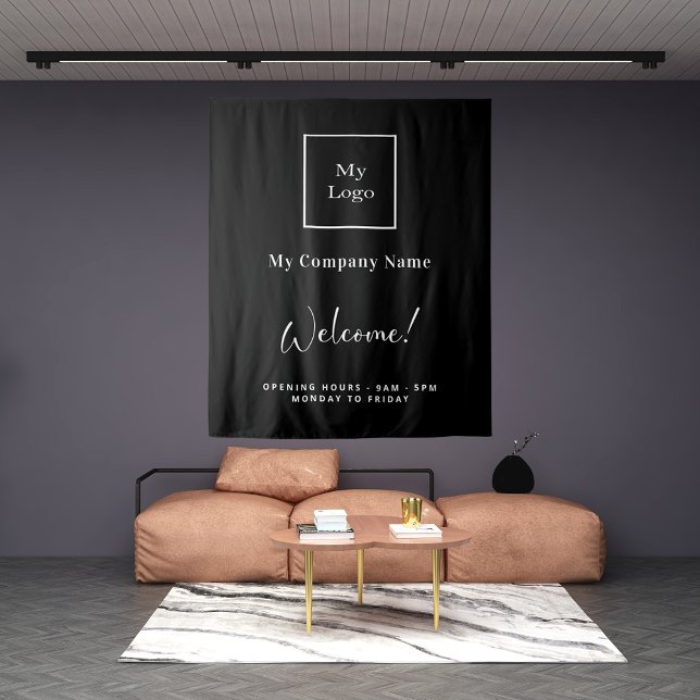 Black white business logo name opening hours tapestry (Creator Uploaded)