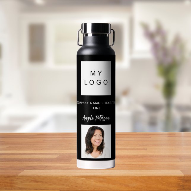 Black white business logo name signature photo water bottle (Creator Uploaded)