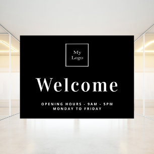 Black white business logo opening hours welcome