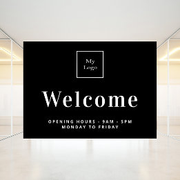 Black white business logo opening hours welcome