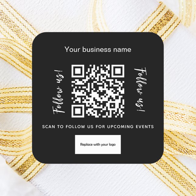 Black white business name qr code logo square sticker (Creator Uploaded)