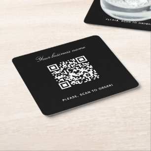 Black white business name qr code square paper coaster