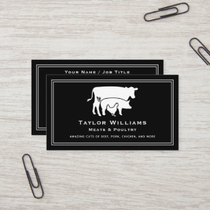 Black White Butcher Meat Market Cow Pig Chicken Business Card
