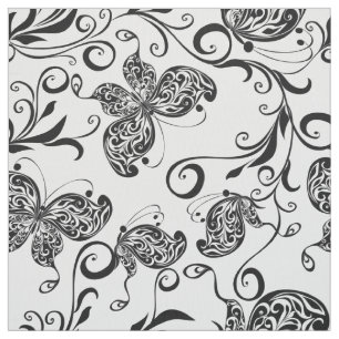 Black & White Butterflies & Flowers Pattern Fabric