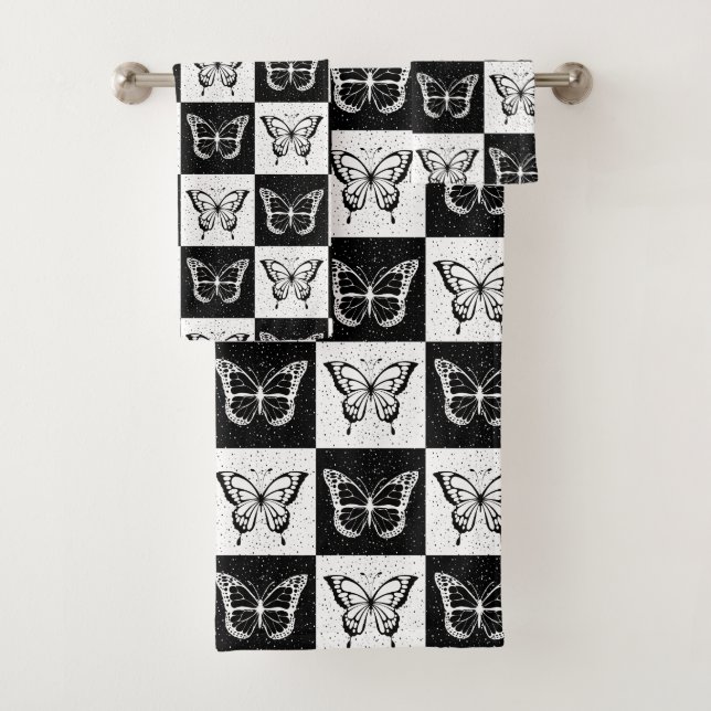 Black White Butterfly Chequered Block Print Bath Towel Set (Insitu)