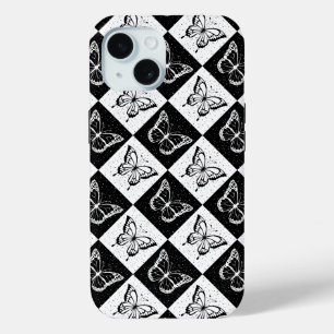 Black White Butterfly Chequered Block Print iPhone 15 Case