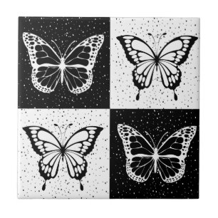 Black White Butterfly Chequered Block Print Ceramic Tile