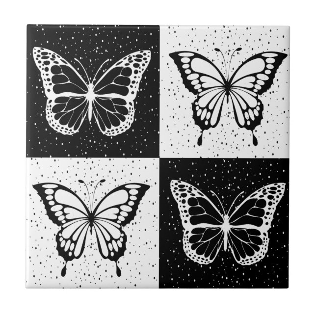 Black White Butterfly Chequered Block Print Ceramic Tile (Front)