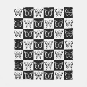 Black White Butterfly Chequered Block Print Fleece Blanket