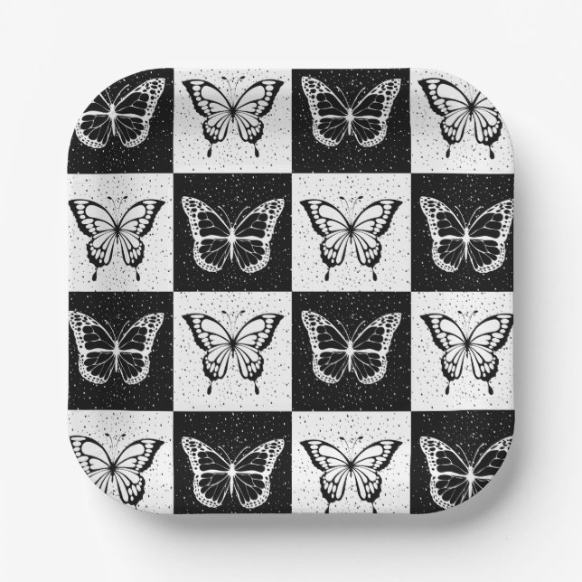 Black White Butterfly Chequered Block Print Paper Plate (Front)