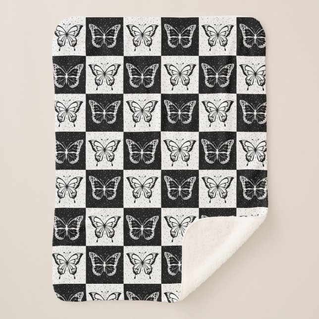 Black White Butterfly Chequered Block Print Sherpa Blanket (Front)