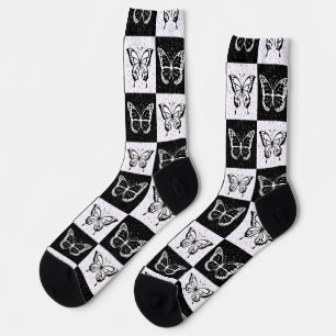 Black White Butterfly Chequered Block Print Socks