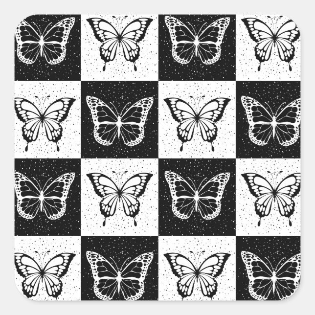 Black White Butterfly Chequered Block Print Square Sticker (Front)