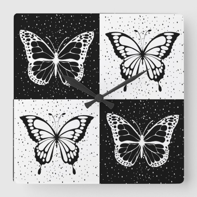 Black White Butterfly Chequered Block Print Square Wall Clock (Front)