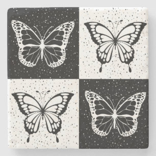 Black White Butterfly Chequered Block Print Stone Coaster