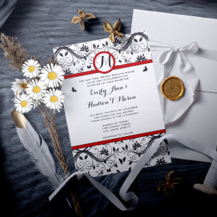 Black & White Butterfly Damask Red Trim Wedding Invitation