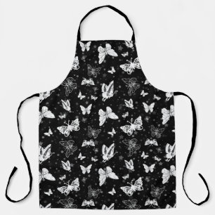 Black White Butterfly Illustration Pattern Design Apron