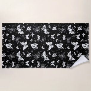 Black White Butterfly Illustration Pattern Design Beach Towel
