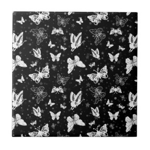 Black White Butterfly Illustration Pattern Design Ceramic Tile