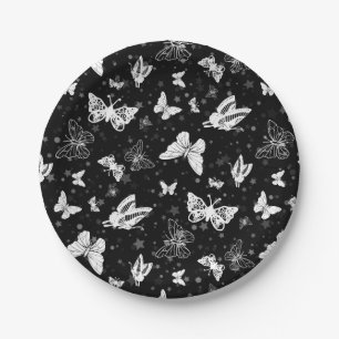 Black White Butterfly Illustration Pattern Design Paper Plate