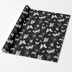 Black White Butterfly Illustration Pattern Design Wrapping Paper