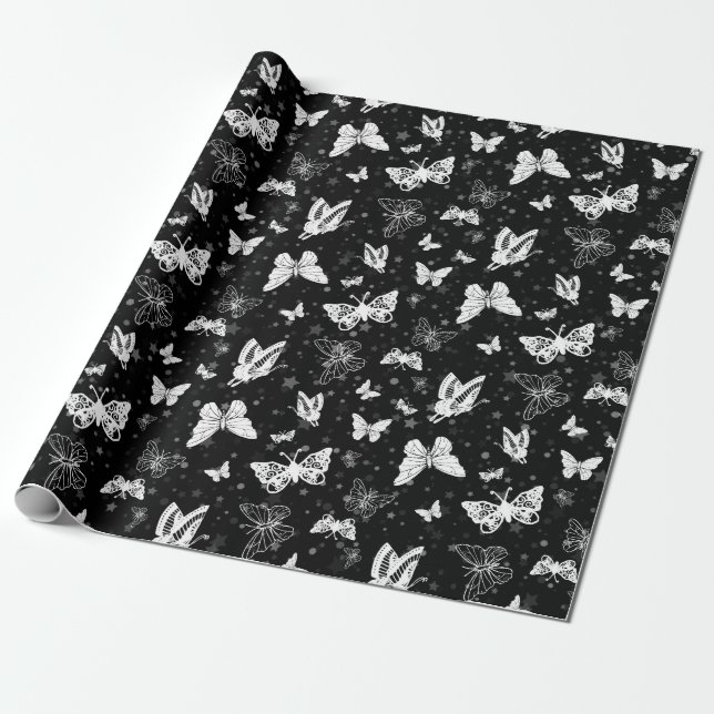 Black White Butterfly Illustration Pattern Design Wrapping Paper (Unrolled)
