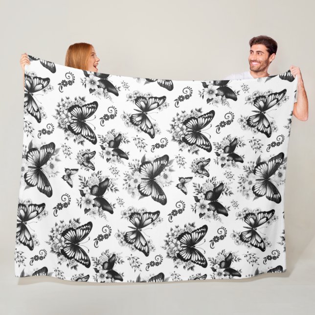 Black White Butterfly Pattern Fleece Blanket (In Situ)
