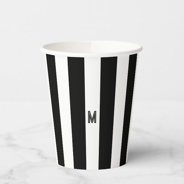 Black & White Cabana Stripe Minimal Monogram Paper Cups (Left)