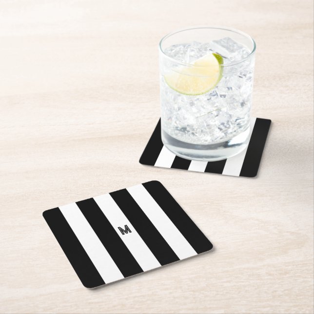 Black & White Cabana Stripe Minimal Monogram Square Paper Coaster (Insitu)