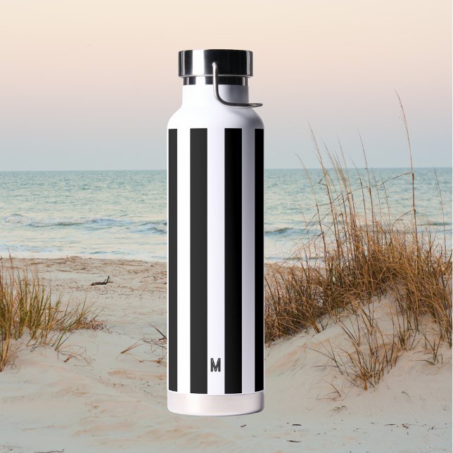 Black & White Cabana Stripe Minimal Monogram Water Bottle (Creator Uploaded)