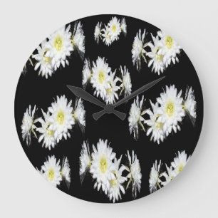 Black White Cacti Flower Pattern, Large Wall Clock