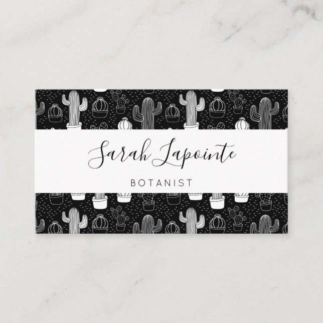 Black & White Cactus Doodle Pattern Business Card (Front)