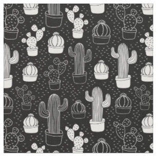 Black & White Cactus Doodle Pattern Fabric