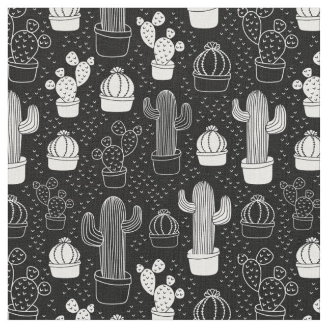 Black & White Cactus Doodle Pattern Fabric (Close Up)