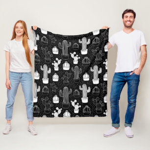 Black & White Cactus Doodle Pattern Fleece Blanket