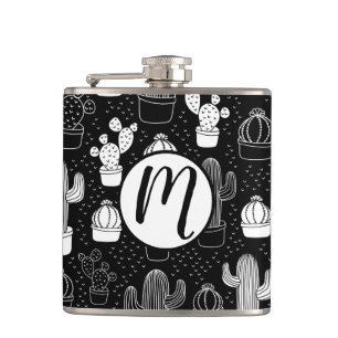 Black & White Cactus Doodle Pattern Hip Flask