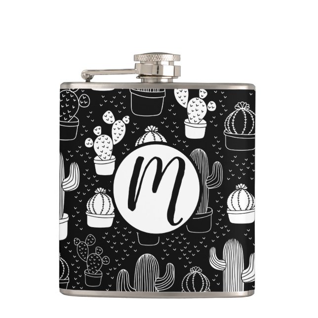 Black & White Cactus Doodle Pattern Hip Flask (Front)