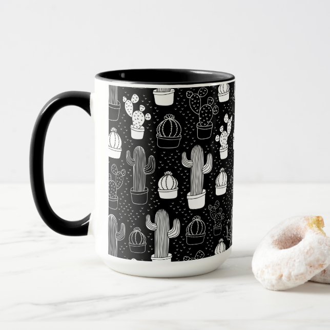 Black & White Cactus Doodle Pattern Mug (With Donut)