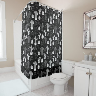 Black & White Cactus Doodle Pattern Shower Curtain