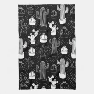 Black & White Cactus Doodle Pattern Tea Towel