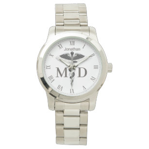 Black White Caduceus Name Medical Doctor MD Watch