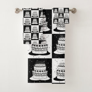 Black White Cake Chequered Block Print Bath Towel Set