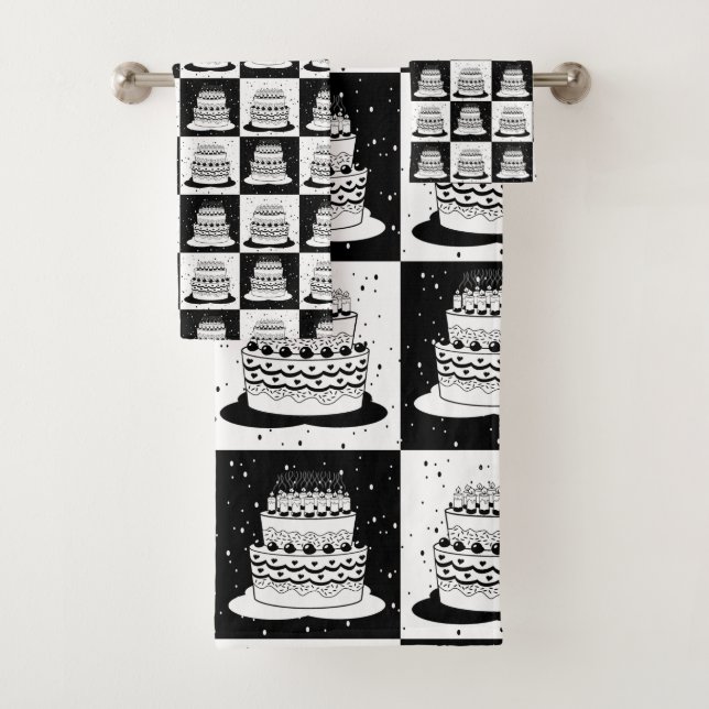 Black White Cake Chequered Block Print Bath Towel Set (Insitu)