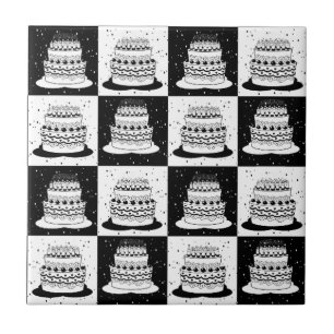 Black White Cake Chequered Block Print Ceramic Tile
