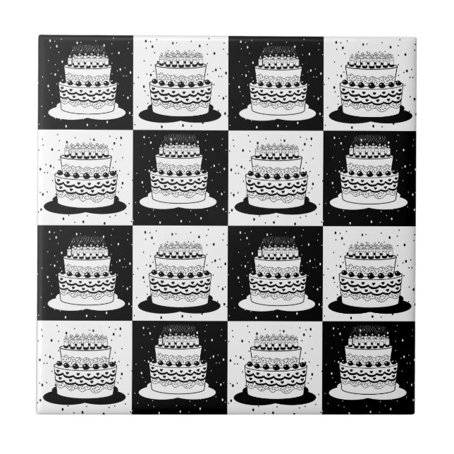 Black White Cake Chequered Block Print Ceramic Tile (Front)